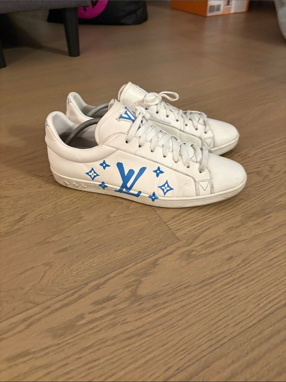 Louis Vuitton White Leather Sneakers with Blue LV Motif